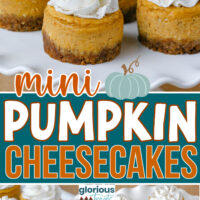 Three image collage of mini pumpkin cheesecake recipe. Cheesecakes are shown on white scalloped cake stand and white rectangular platter and are topped with whipped cream. Center color block with text overlay.