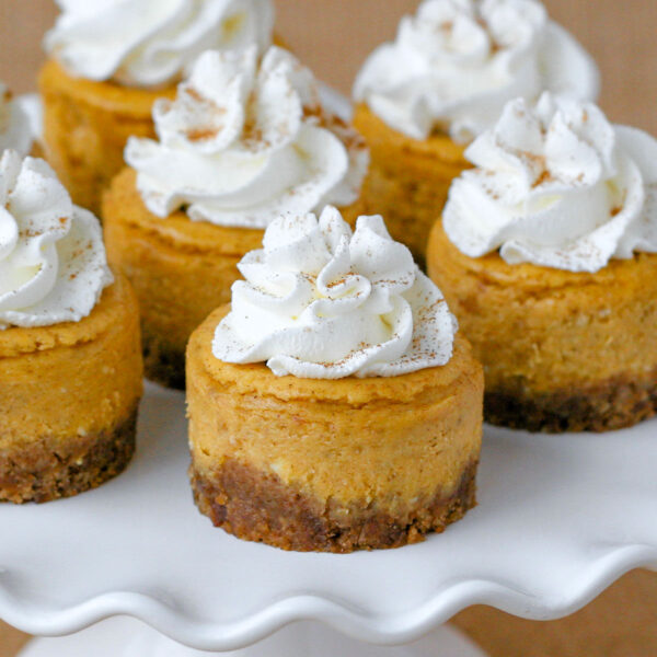 Close up shot of white scalloped cake stand topped with mini pumpkin cheesecakes topped with whipped cream. Burlap sack is the backdrop.