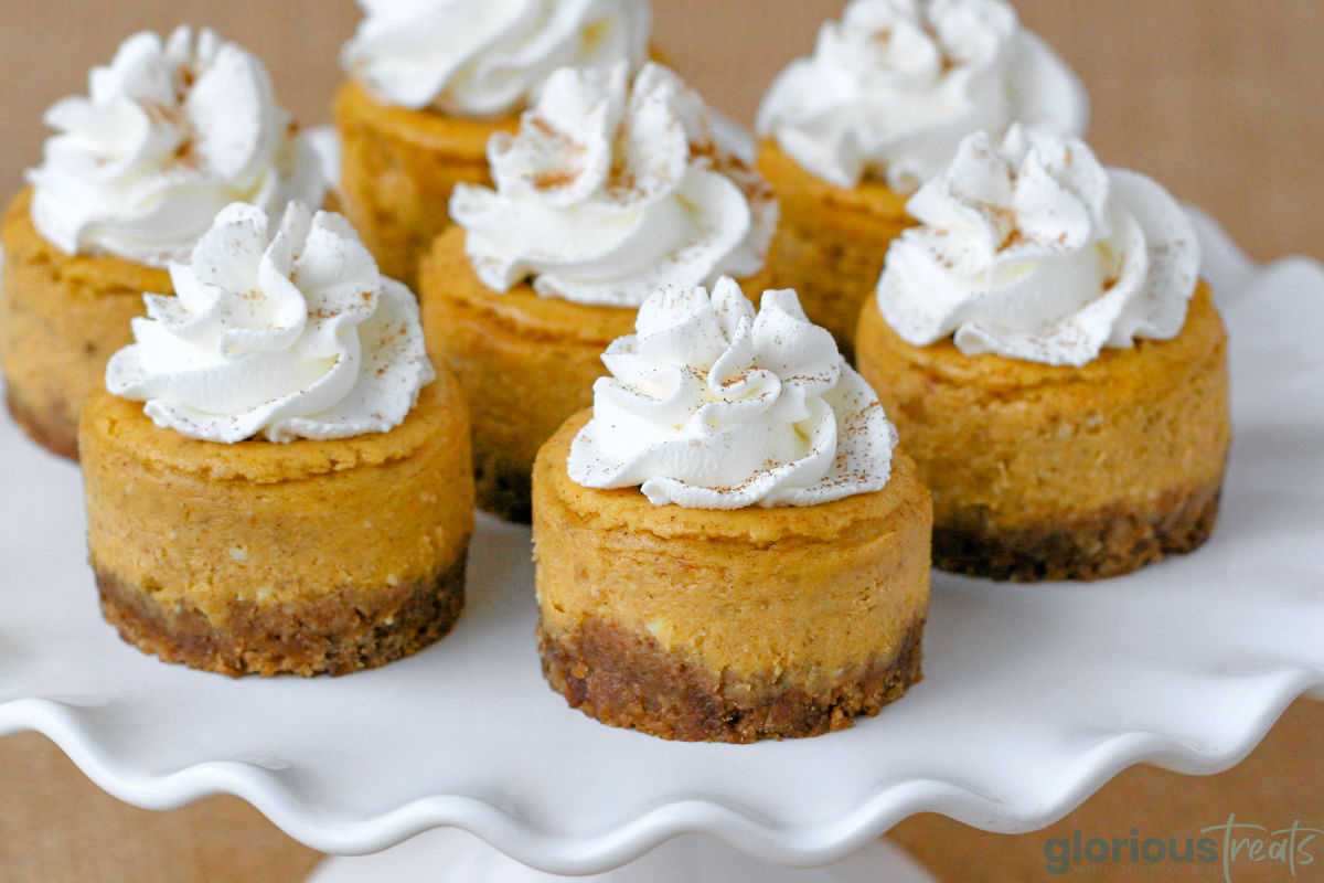 Wide, close up shot of white scalloped cake stand topped with mini pumpkin cheesecakes topped with whipped cream. Burlap sack is the backdrop.