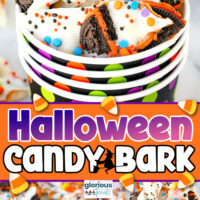 Three image collage showing halloween candy bark in a colorful paper cup and on a marble surface. Center color block with text overlay.