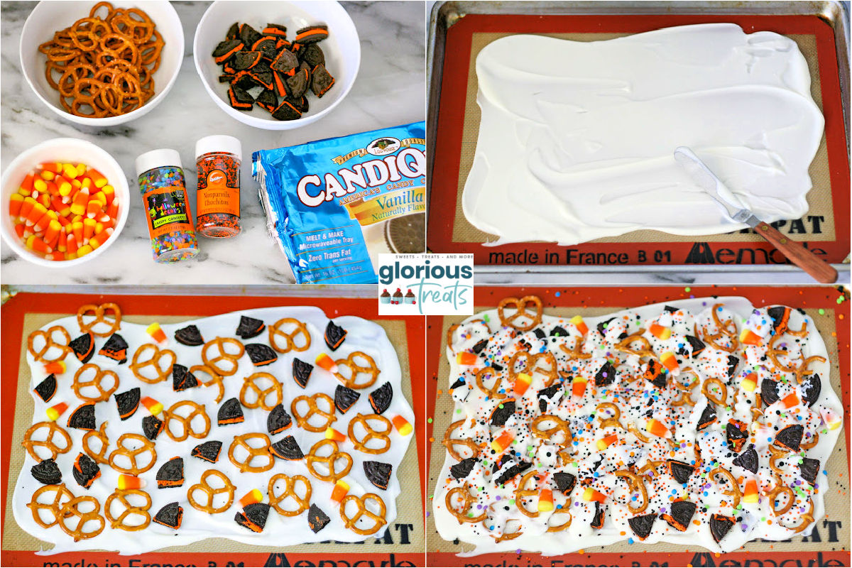 Four image collage showing how to make halloween bark recipe.