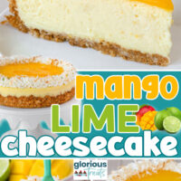 Three image collage showing mango lime cheesecake cut and on a plate, whole on a white cake stand and a piece with a fork in it. Center color block with text overlay.