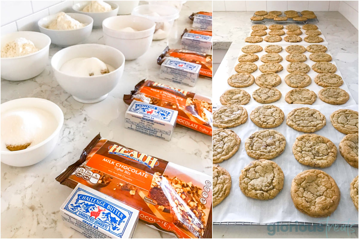 Two image collage showing toffee cookies getting prepared to bake and baked and cooling.