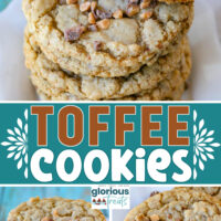 Three image collage showing toffee cookies stacked high. Top cookie is broken in half. Center color block with text overlay.