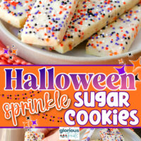 Three image collage showing halloween sprinkle sugar cookies stacked on a plate and one image shows the cookie being dunked in chocolate milk. Center color block with text overlay.