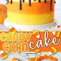 three image collage showing a candy corn cake decorated chocolate cake frosted with orange, yellow and white frosting and topped with candy corn candies. A slice of the rich chocolate cake is shown on a small round plate. Center color block with text overlay.