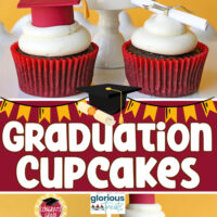 three image collage showing graduation cupcakes decorated with white buttercream and fondant caps and diplomas. center color block with text overlay.