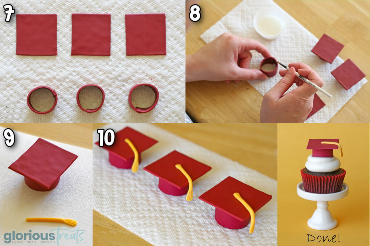 steps 7-10 of making graduation cupcake toppers with fondant