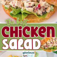 three image collage showing chicken salad sandwiches made with a chicken salad recipe and croissants. Center color block with text overlay.