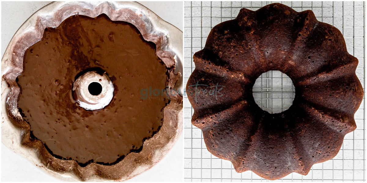 a side by side picture of the cake batter in a bundt pan next to the baked cake on a cooling rack.