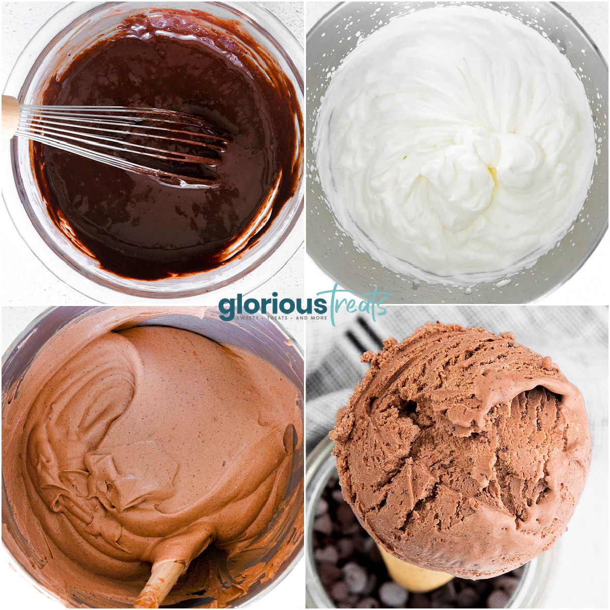 A collage of process shots for making no-churn chocolate ice cream.