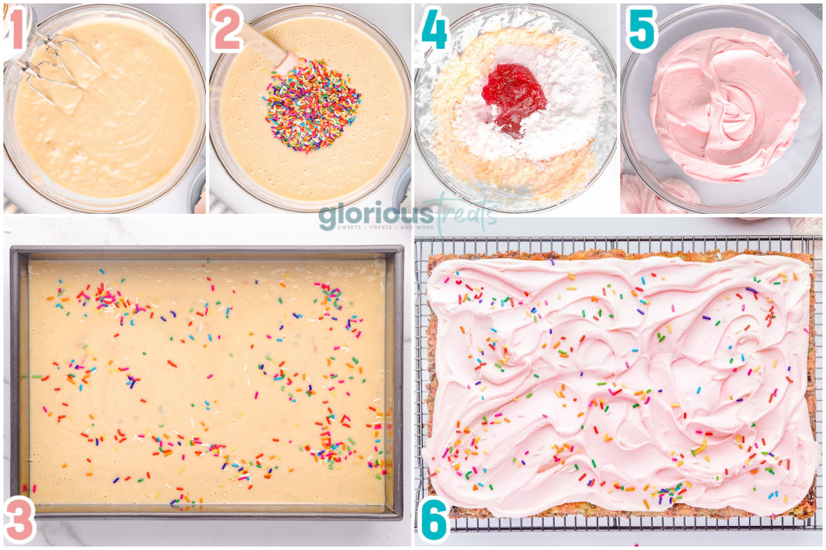 top down photos in a collage of the process of making funfetti sheet cake.