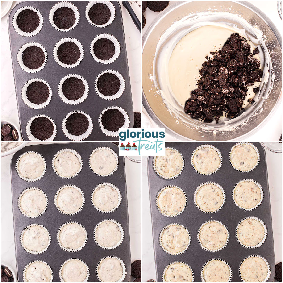 four image collage showing how to make mini oreo cheesecakes.