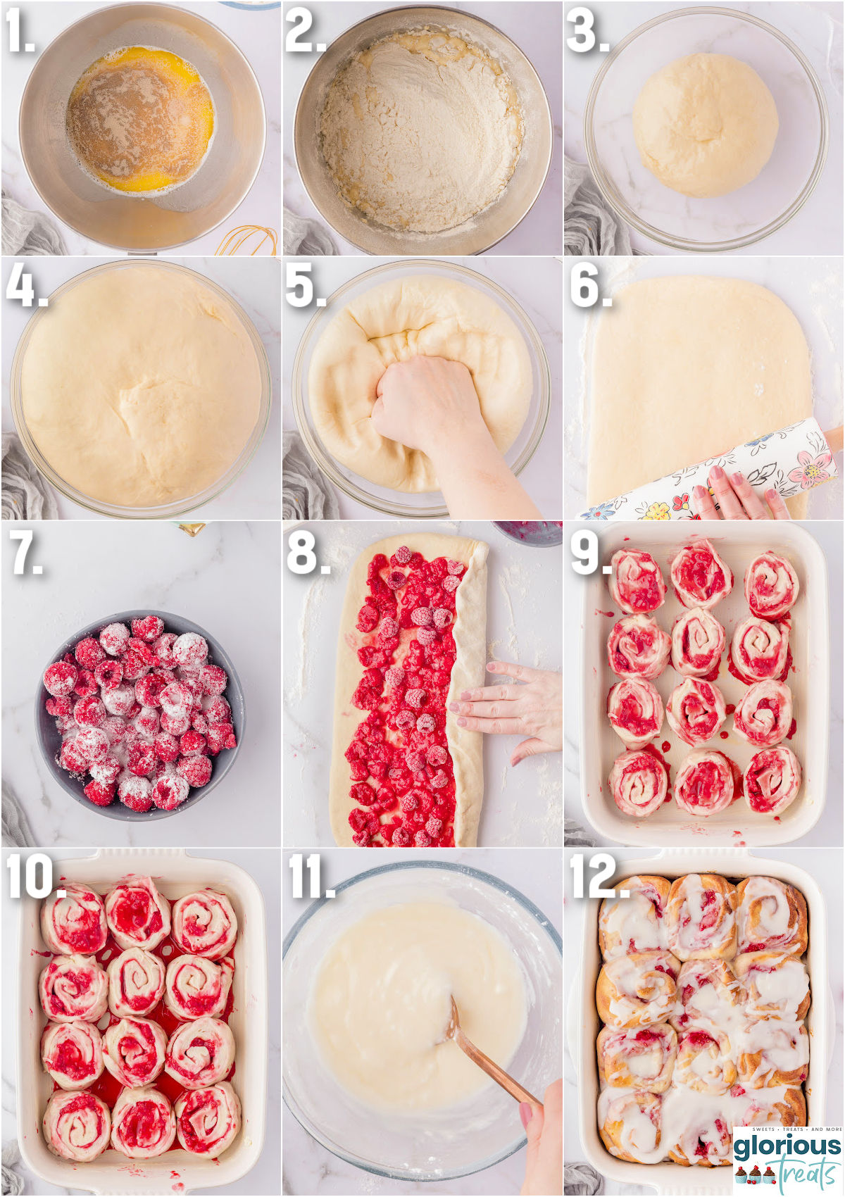 Twelve image collage showing how to make raspberry rolls step by step.