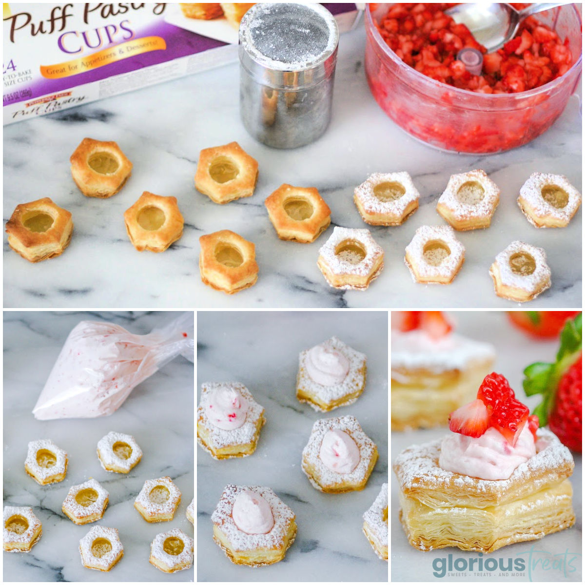 five pictures showering to cut the middle out of the puff pastry, add filling, and top them with chopped strawberry