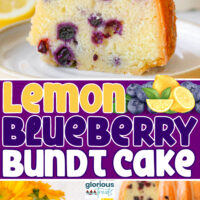 three photos of lemon blueberry bundt cake with text overlay in the middle of the image sharing the title.