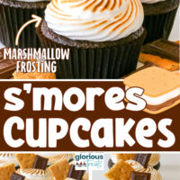 Three image collage of smores cupcake recipe. Chocolate cupcakes are topped with marshmallow frosting, graham cracker and hershey's chocolate bar. Center color block with text overlay.