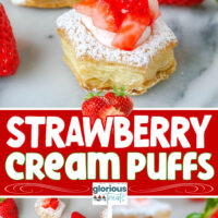 Strawberry Cream Puffs shown in three pictures from different angles with text overlay in the middle