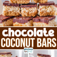 three image collage of chocolate coconut candy bars stacked in different ways. Center color block with text overlay.