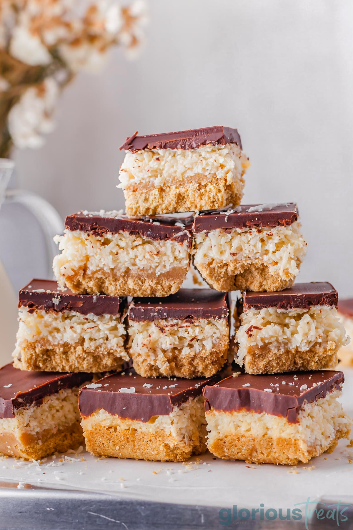 A stack of chocolate coconut candy bars.