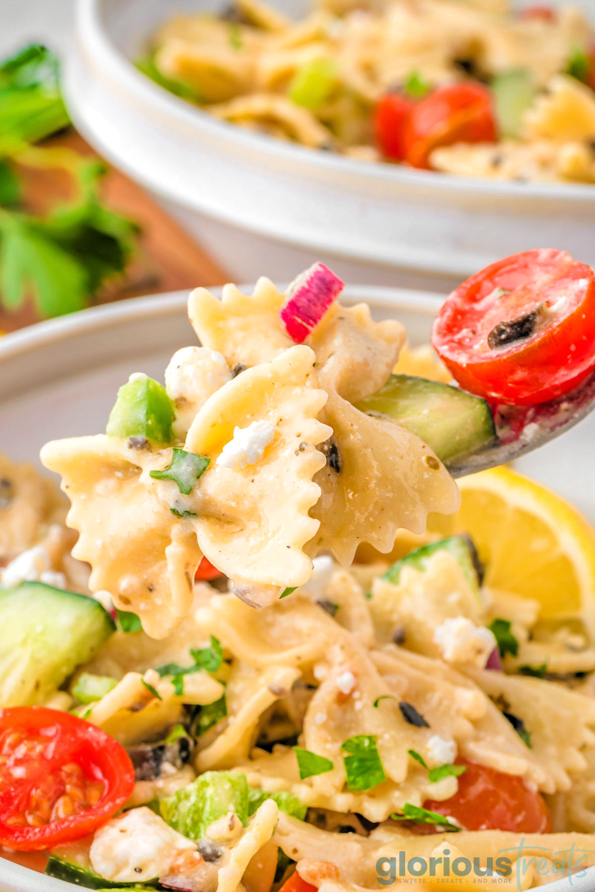 Close up photo of Greek Pasta Salad.