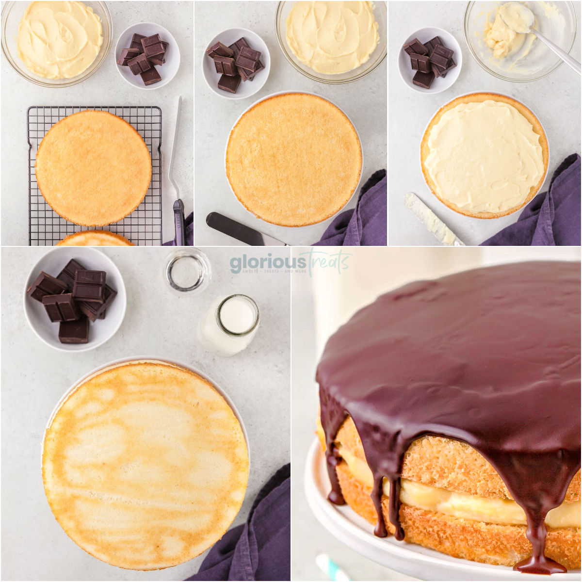 Process photos for assembling boston cream pie.