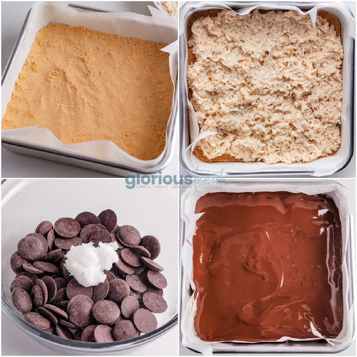 Process shots in a collage that shows how to make the chocolate coconut bars.