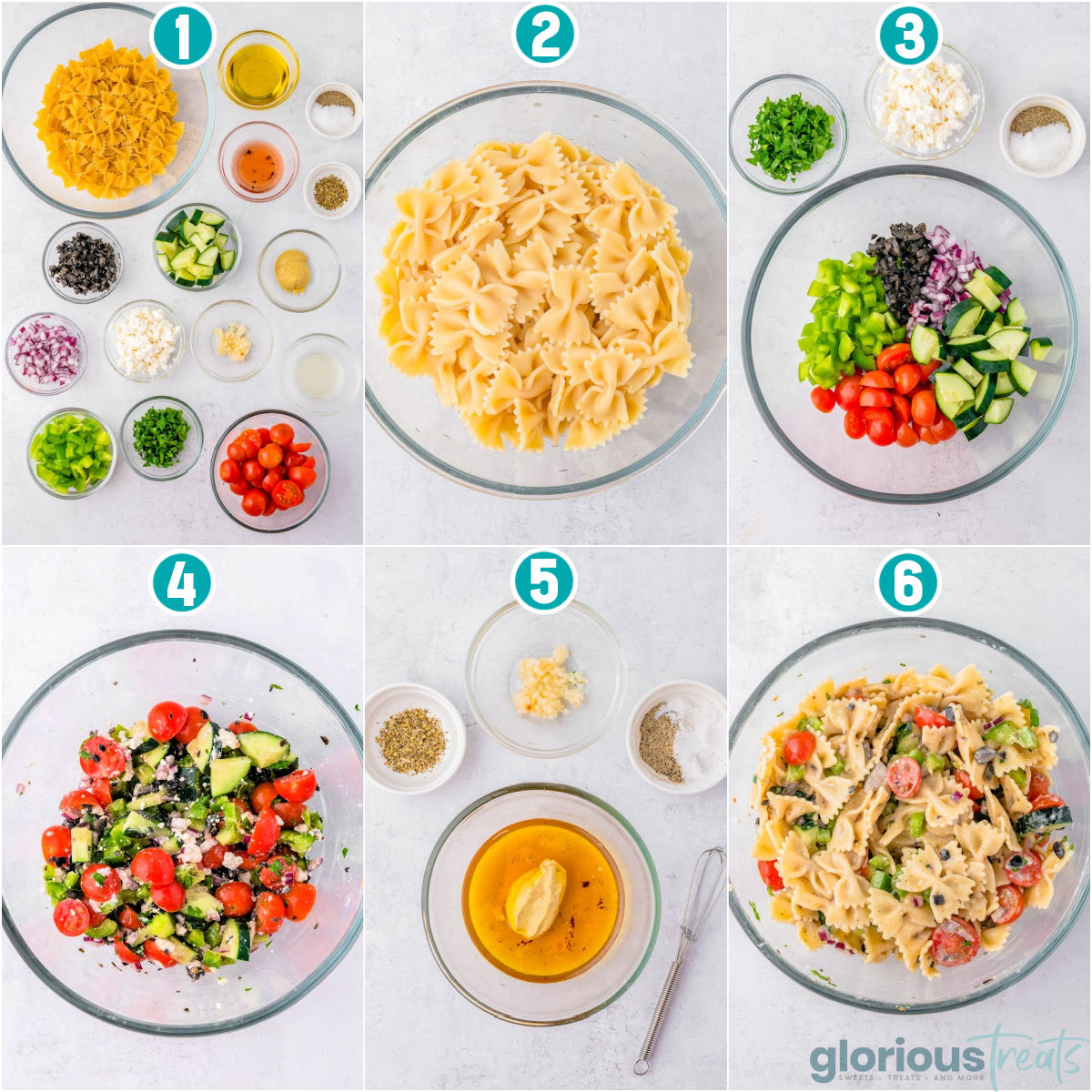 Collage photo of process steps for making Greek Pasta Salad.