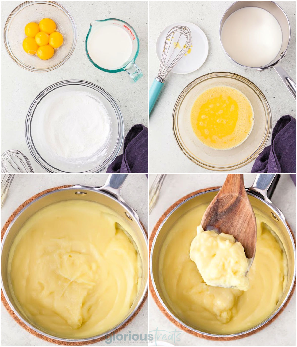 Process photos of making pastry cream.