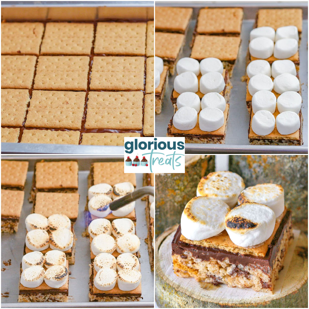 Four image collage showing how to make smores rice krispie treats step by step.