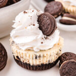 mini oreo cheesecake topped with whipped cream and a mini oreo sitting on a white surface with oreo cookies scattered about.