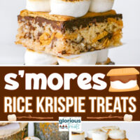 three photos of s'mores flavored rice krispie treats bisected by text overlay