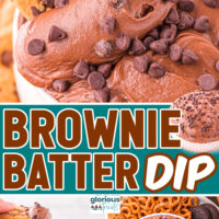 Three image collage of brownie batter dip in a bowl being dipped into with a cookie, a top down view show fresh fruit as dippers and a center color block with text overlay.