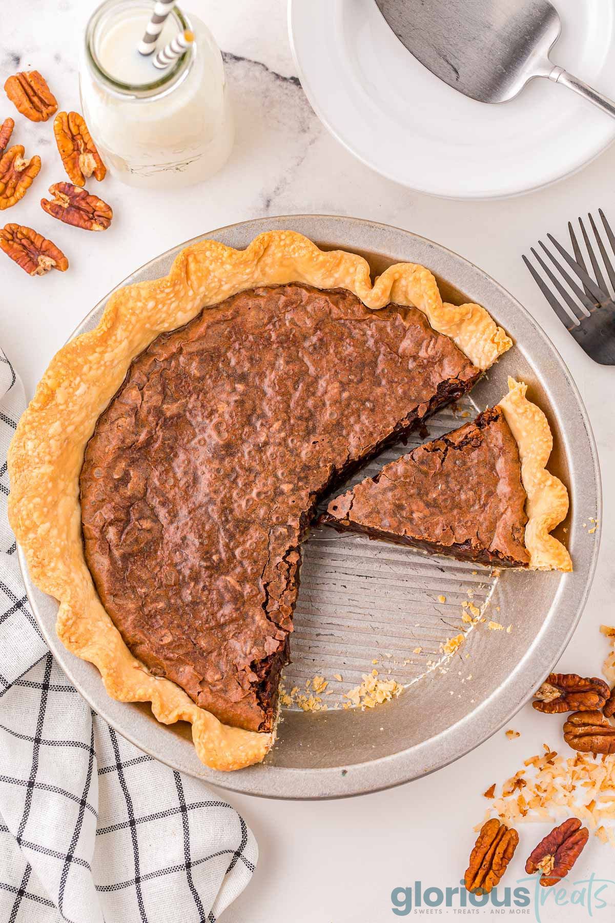 A top down view of german chocolate pie in a pie plate.