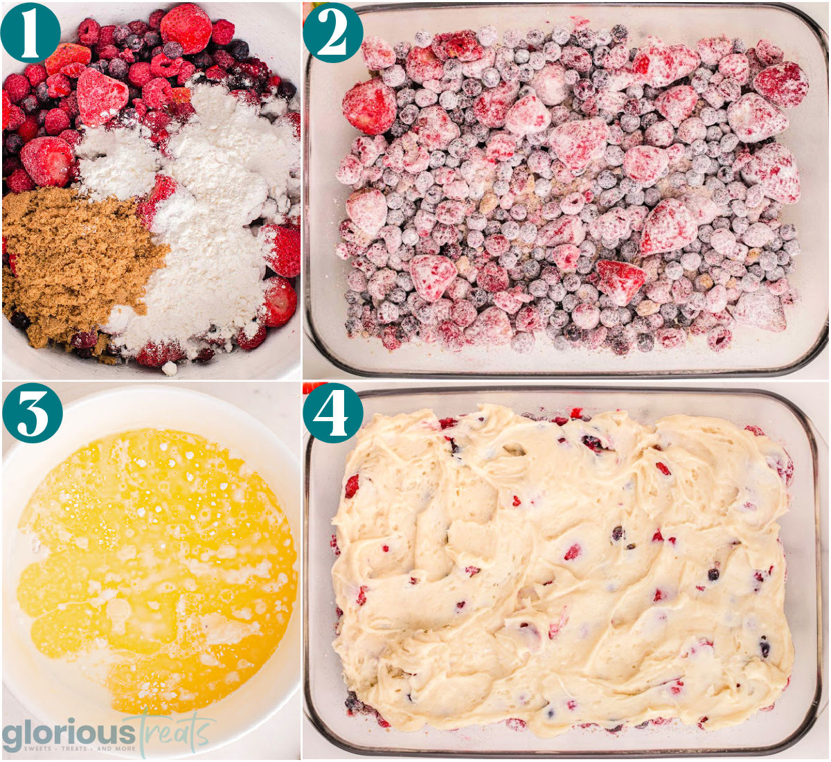 A collage photo that shows the steps for making berry cobbler.