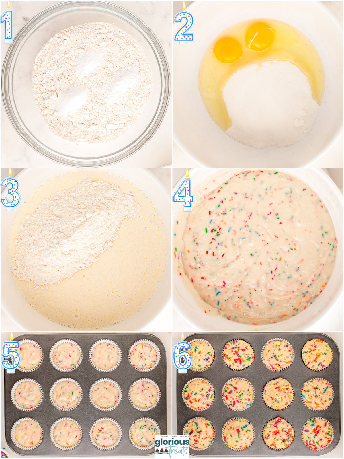 A collage image of process shots for birthday cupcakes.