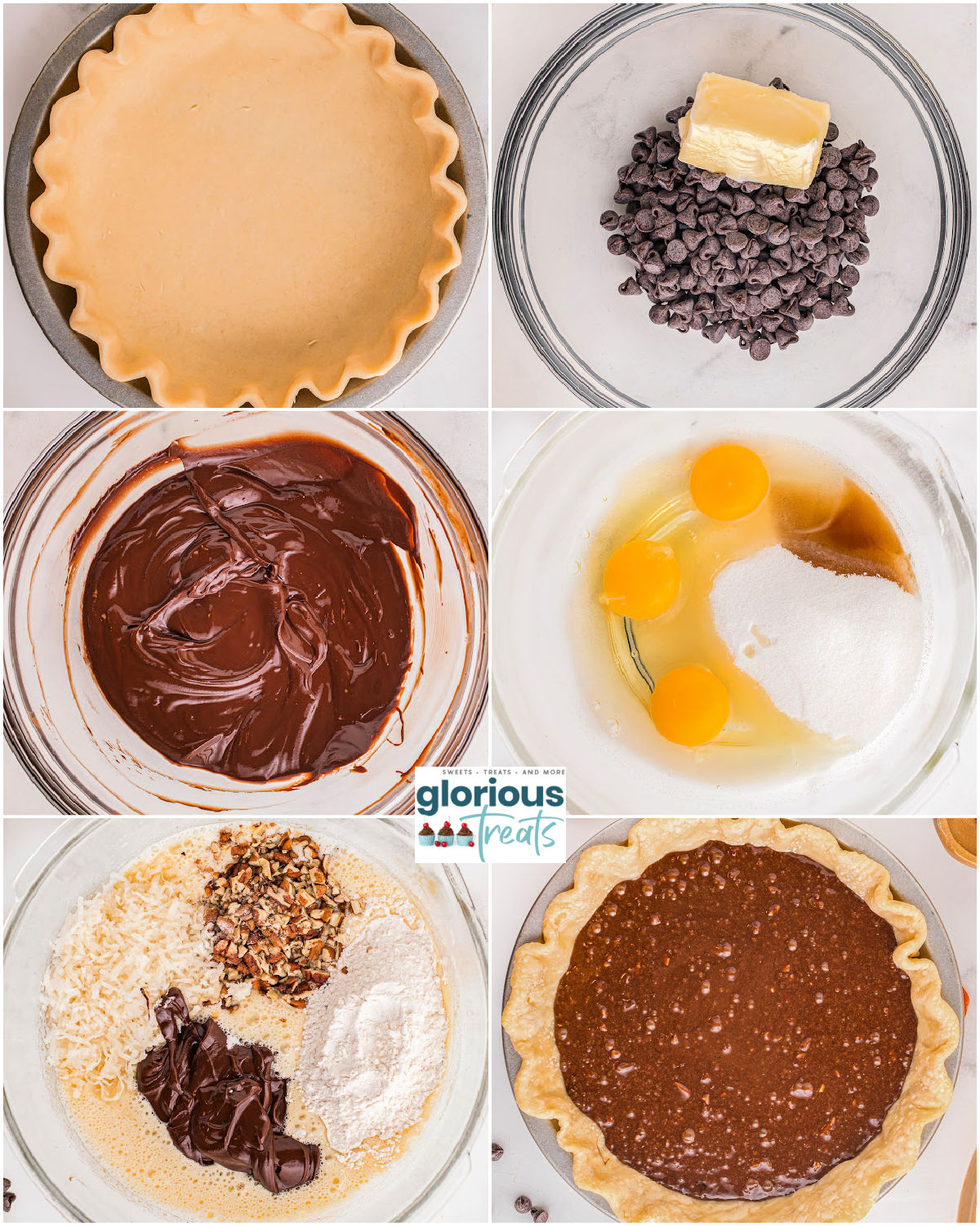 A collage image that shows steps for making german chocolate pie.