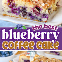 Three image collage for blueberry coffee cake recipe. Coffee cake is shown on a white square plate and juicy blueberries can be seen i the cake. Center color block with text overlay.