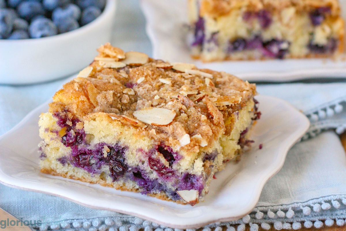 A slice of blueberry coffee cake on a white plate.