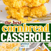 Three image collage of cornbread casserole recipe being mad, plated and in the baking dish. Center color block with text overlay.