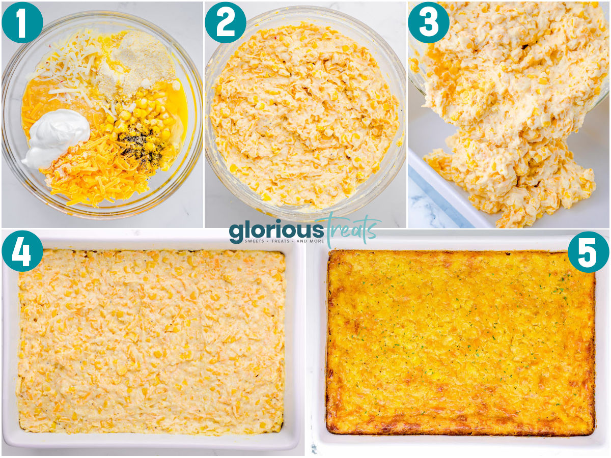 A collage of process shots that show how to make cornbread casserole.