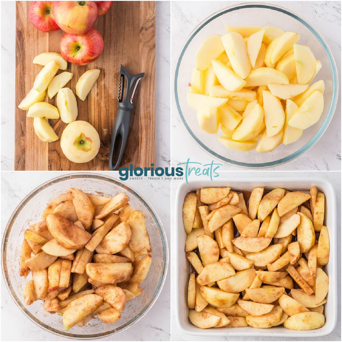 A four image collage that shows the steps for making apple filling.