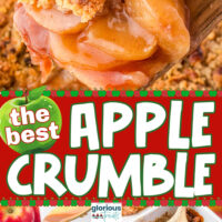 3 image collage with different photos of apple crumble. A colored text overlay is in the middle.