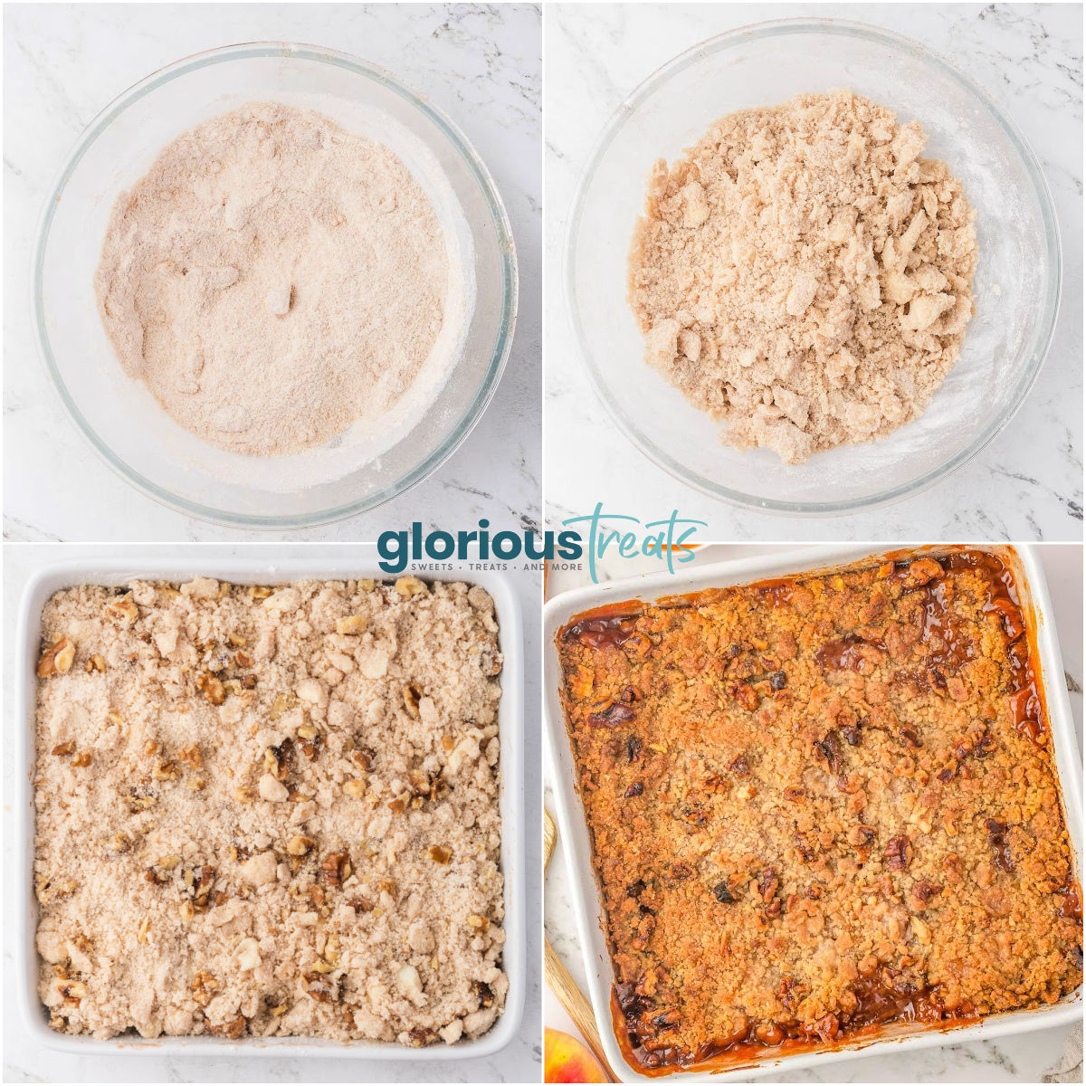 A four image collage that shows the steps for making crumble topping.