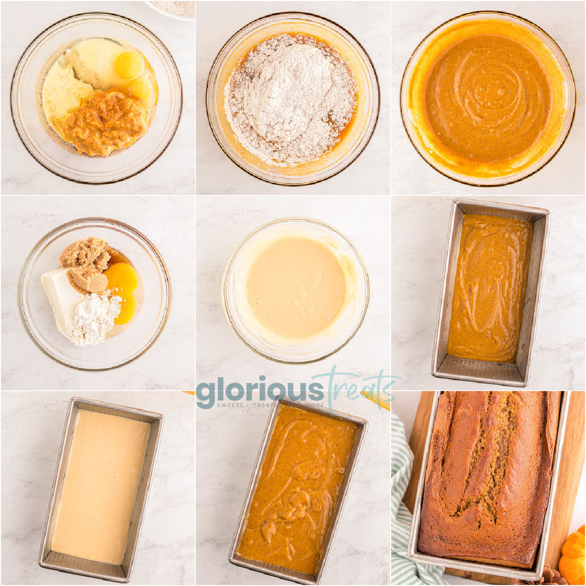 A nine photo collage that shows the process steps for making pumpkin cream cheese bread.