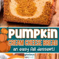 A 3 image collage with different photos of pumpkin cream cheese bread. A colored text overlay is in the middle.