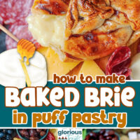 A 3 image collage with different photos of honey baked brie in puff pastry. A colored text overlay is in the middle.