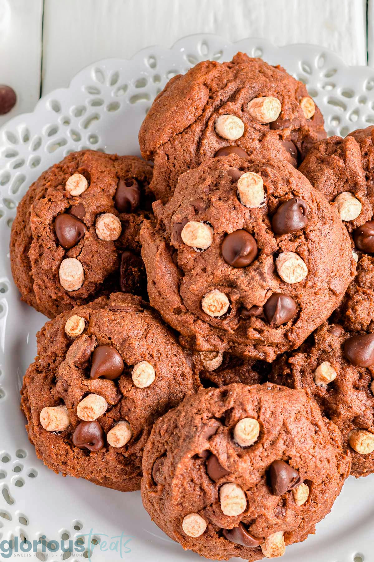 A bunch of hot chocolate cookies on a white plate.