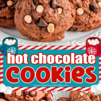 A 3 image collage that shows pictures of hot chocolate cookies. A colored text overlay is in the center.