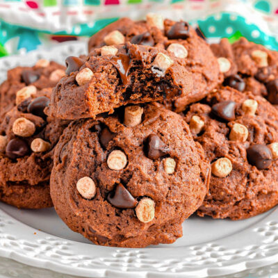 A bunch of hot chocolate cookies on a white plate.